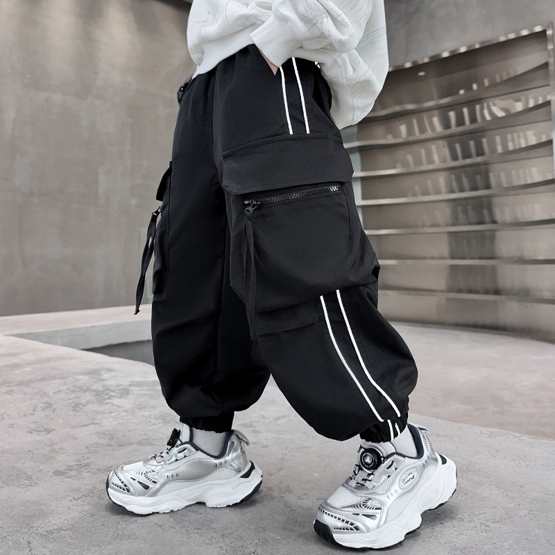 Kids Outdoor Overalls - Boys Cargo Pants Large Pocket Striped
